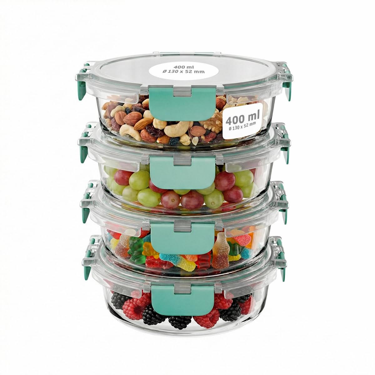 Amig - Set of 4 round airtight glass food containers - Capacity: 400 ml - 130 x 130 x 52 mm - Glass containers for microwave, oven, freezer and dishwasher - Green colour
