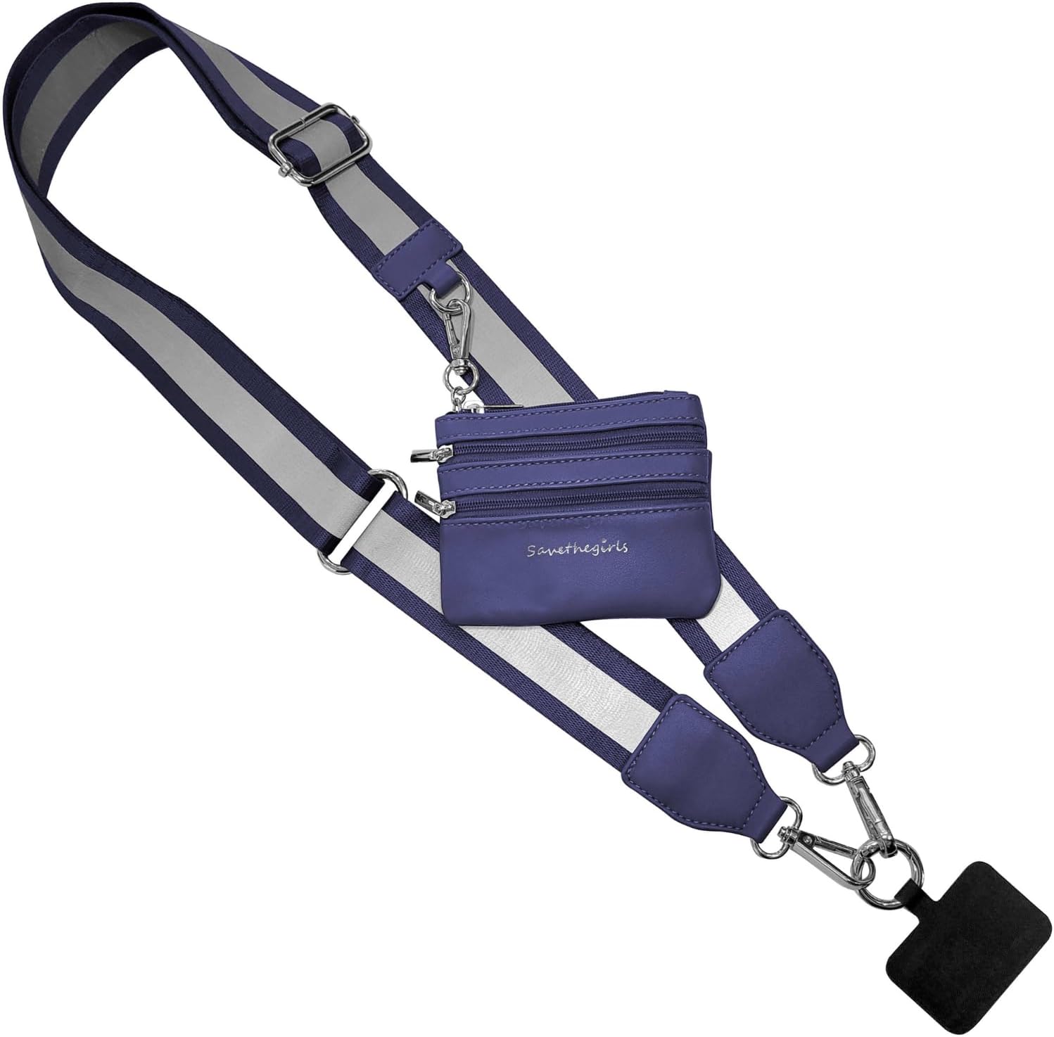 Save the Girls Clip & Go Bold Phone Strap (Reflective Navy - Navy Pouch) – Crossbody Phone Strap Chain with Zipper Wallet Pouch – Phone Lanyard with Zippered Pouch