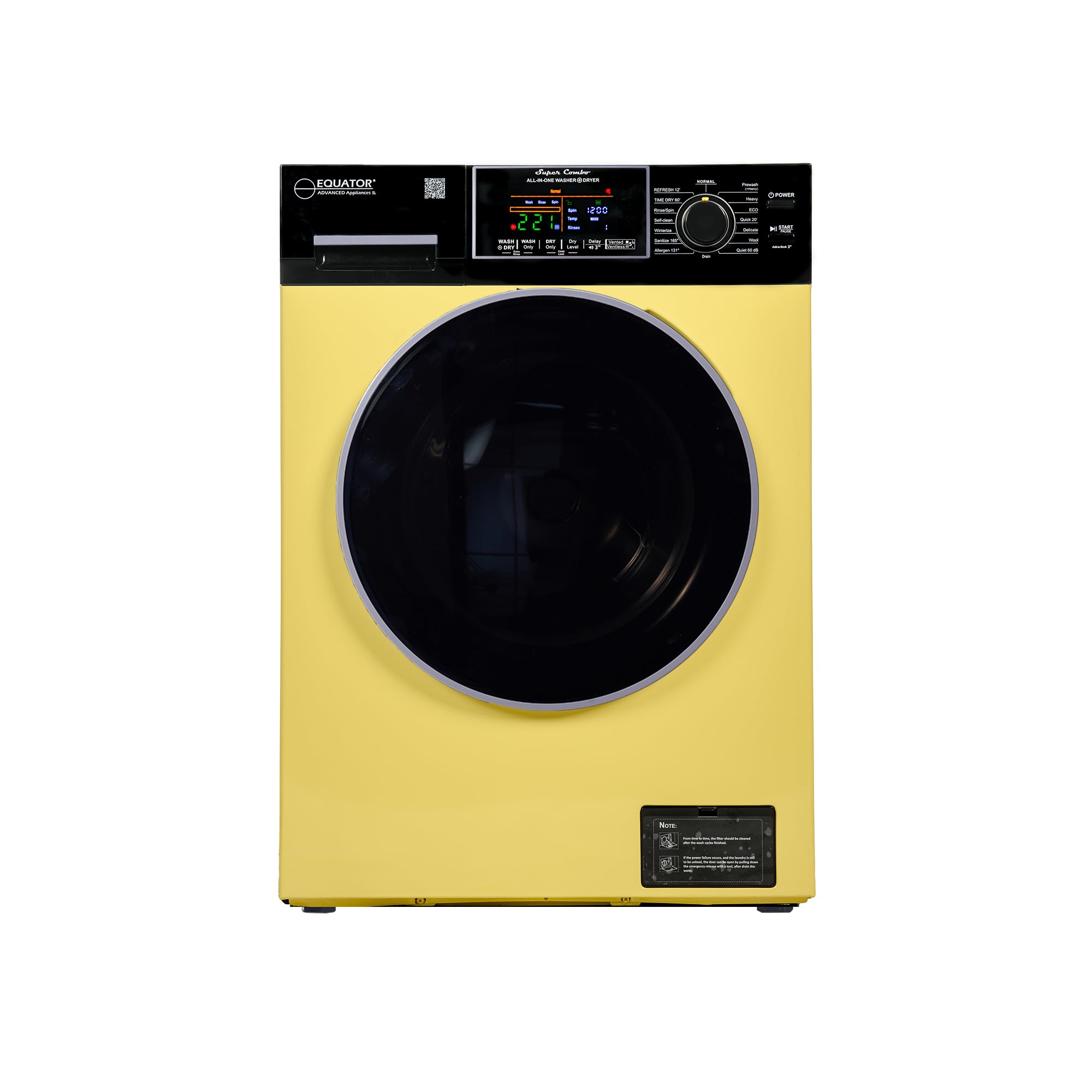 Lavadora-secadora Equator Todo en Uno con Ventilación y Sin Ventilación, 1,9 pies cúbicos, 18 lb, 1400 RPM, 110 V, Amarillo y Negro