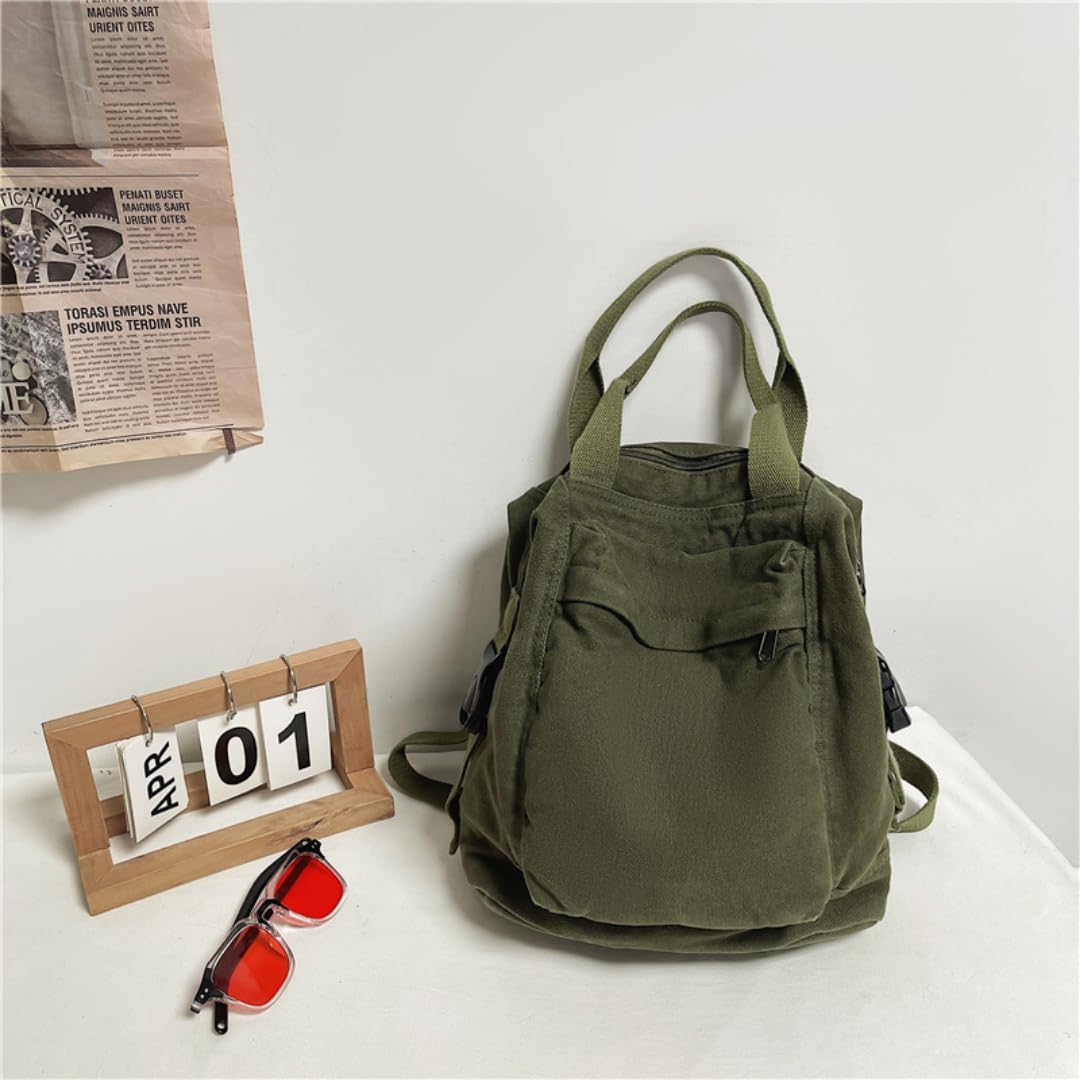 Zaino Canvas Grande Capienza Lavato Viaggio Giorno Unisex(Verde) | Tela Lavata, Scomparti Interni, Chiusura Lampo, Quotidiano, Stile Urbano