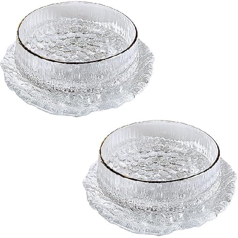 NobeOnbe 2 Pack Transparent Glass Dessert Bowl And Plate Set, Hammer Pattern Salad Bowl With Dish Cover