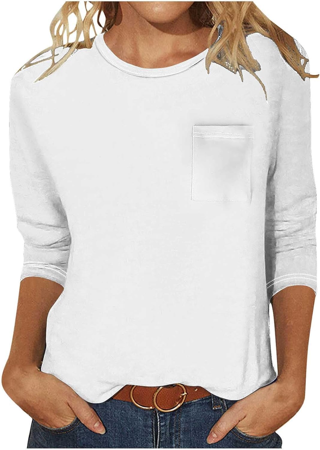 3/4 Length Sleeve Tops for Women Pockets Round Neck Basic Tunic Blouses Solid Color Casual Summer Tee Tshirts