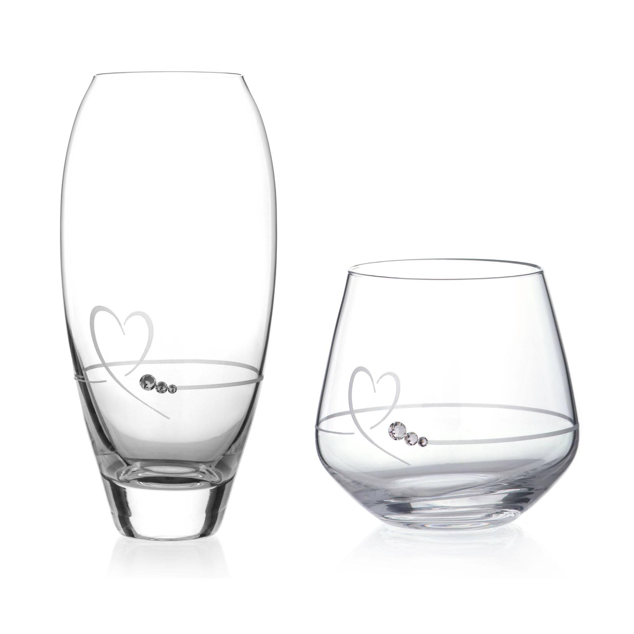 DIAMANTE 'Petit Heart' Crystal Vase Gift Set – Hand Cut Votive Tealight Holder & Bud Vase (18cm)