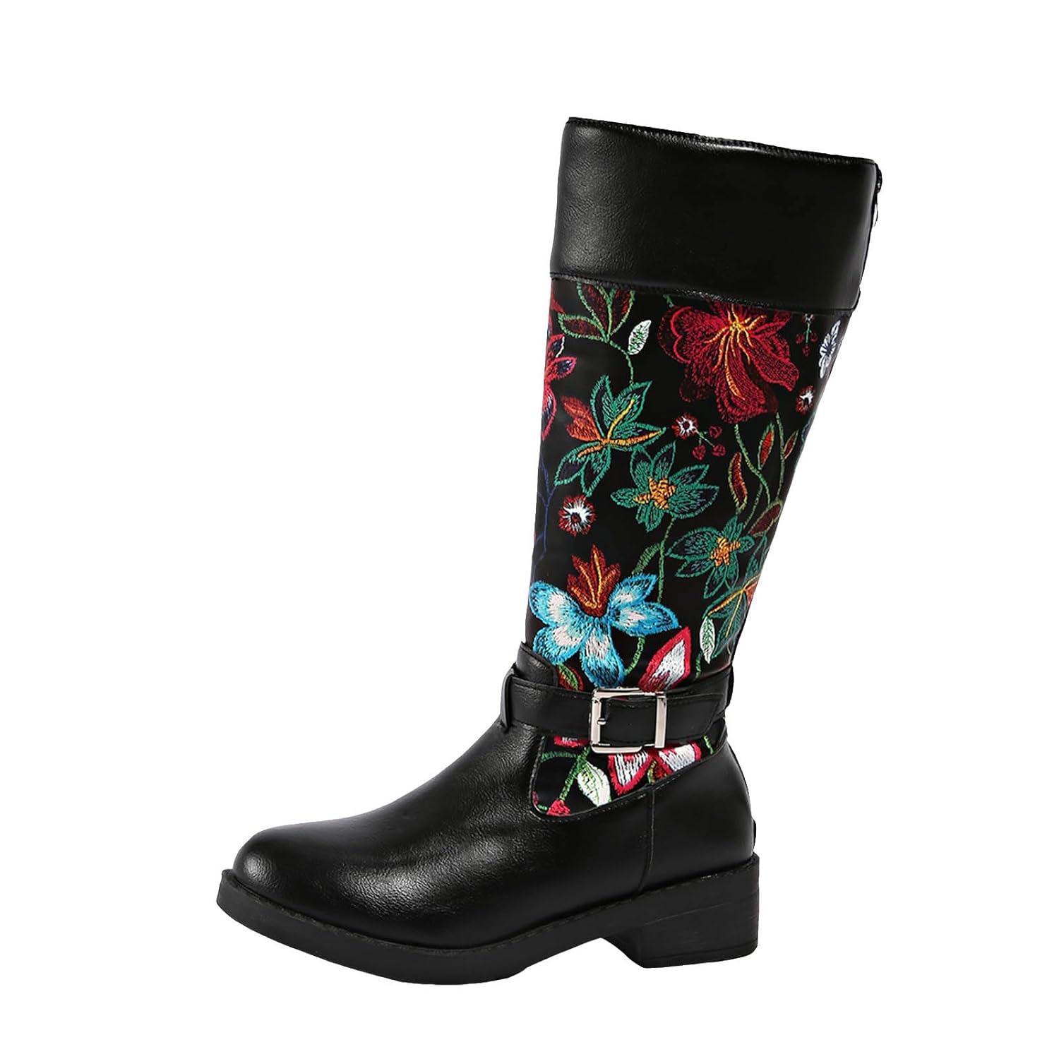 Womens Knee High Riding Tall Boots Comfortable Wide Calf Pull On Cowboy Boots with Metal Buckle Fashion Round
