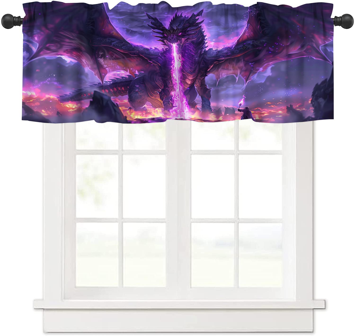 AAVEUP Flaming Dragon Valance Curtain for Boys Fantasy Mystery Purple Magic Wings Lightning Flying Dragon Dragon Breath Window Treatment Valances
