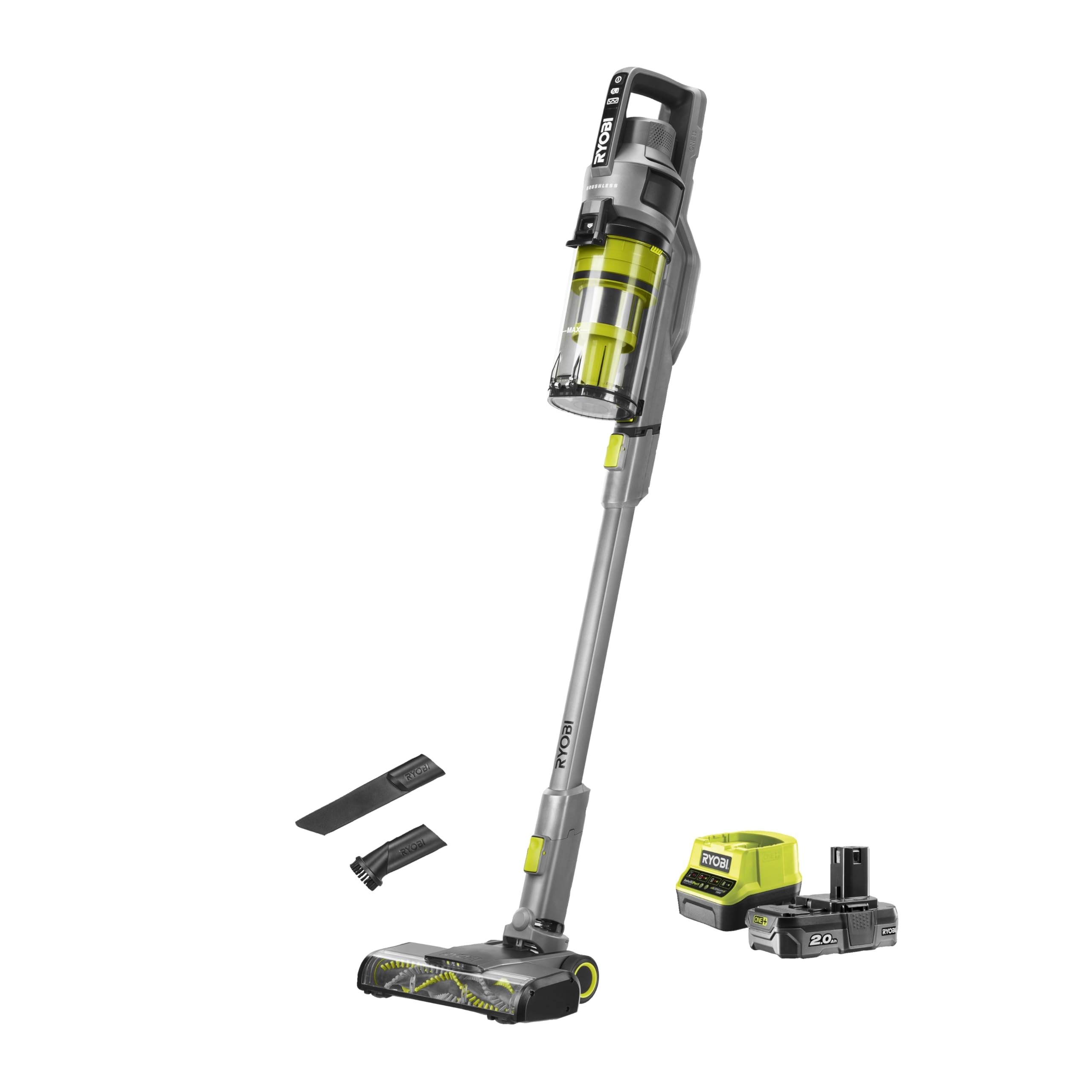 RYOBI - Odkurzacz bez-Fil One+ 18 V - Trzyma się prosto - 1 akumulator 2,0 Ah i jego ładowarka - W zestawie 1 zmotoryzowana szczotka, 1 głowica 24 cm, 1 ssacz płaski - RSVS18-1C20G