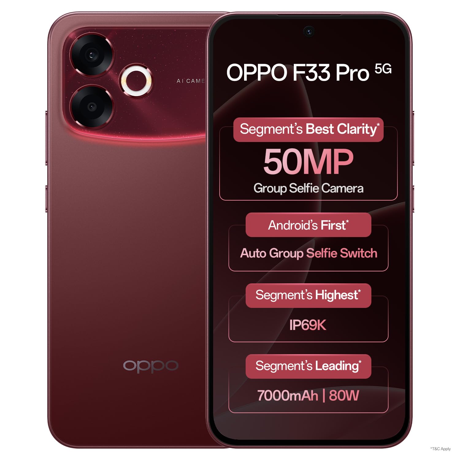 Front view of the OPPO F33 Pro 5G Smartphone in Passion Red