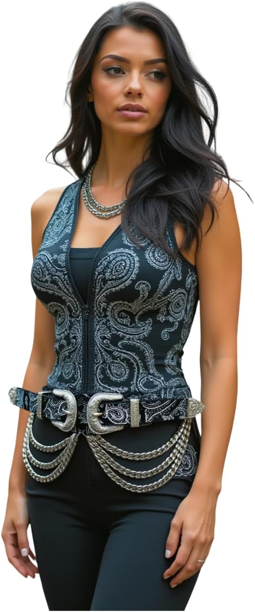 Women Western Fashion Wide Paisley Belt Black Faux Leather Silver Double Buckles Chain S Mz219 - Image 2