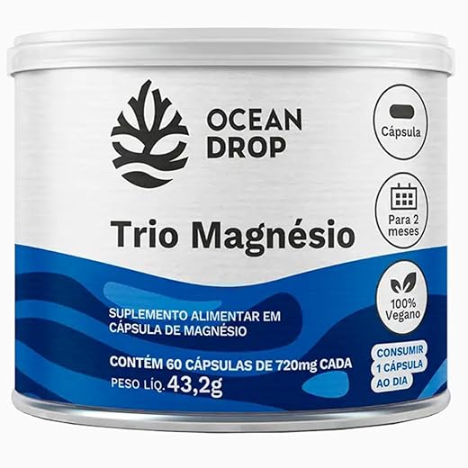 Trio Magnesio Ocean Drop 720mg por Capsula com Dimalato, Bisglicinato e Oxido de Magnesio – Suplemento Mineral Vegano Alta Concentracao 60 Capsulas Formula 3 Fontes de Magnesios