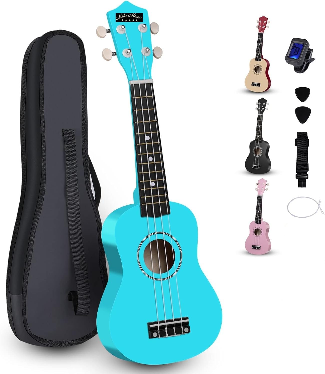 21-Inch Soprano Ukulele Set for Beginners with Carrying Bag, Tuner, Strap, Picks, and Extra Strings - Blue