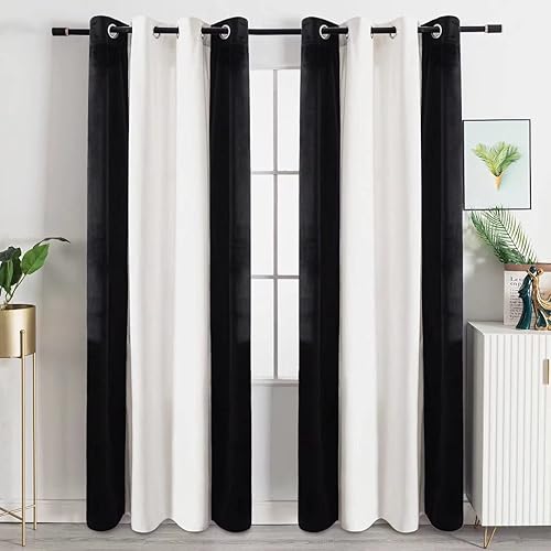 Victree Color Block Velvet Curtains for Bedroom, Patchwork Blackout Curtains 52 x 84 inch Length - Room Darkening Sun Light Blocking Grommet Window Drapes for Living Room, 2 Panels, Black and White