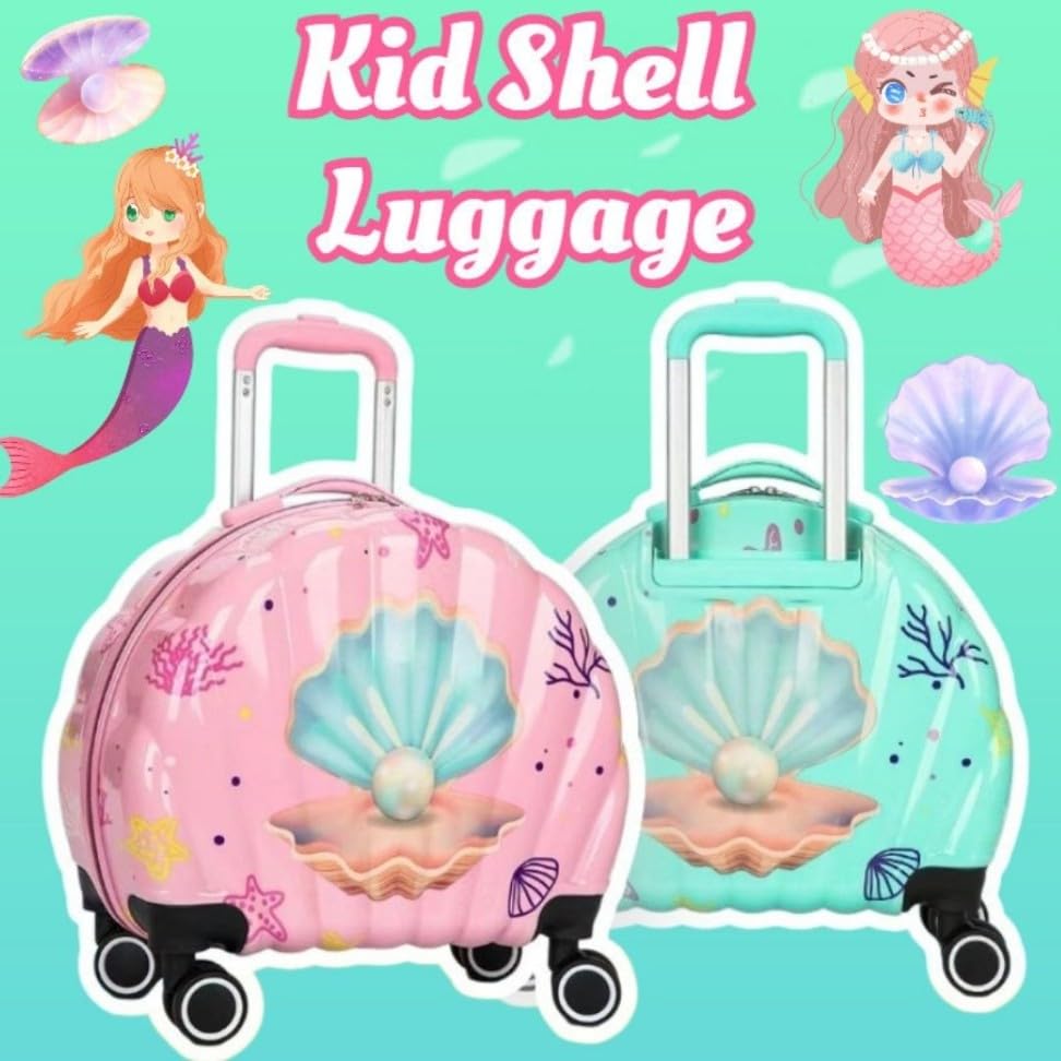Image of ADSON Children 3D Cute Mermaid Sea Shell Design Pearl Print Kids Trolley Bag Cabin Suitcase for Children Teens 360 Travel Trolley Child Hardsided Suitcase Boy Girl Luggage (Mermaid Sea Green)