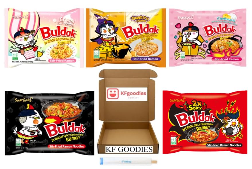 Samyang Buldak Hot Spicy Chicken Ramen Noodle Korean Stir-Fried Ramen, Carbonara & Habanero Lime Flavor, 1 Pack for Each Flavor (5, Carbonara, Cream Carbonara, Kimchi, Quattro Cheese, Original)