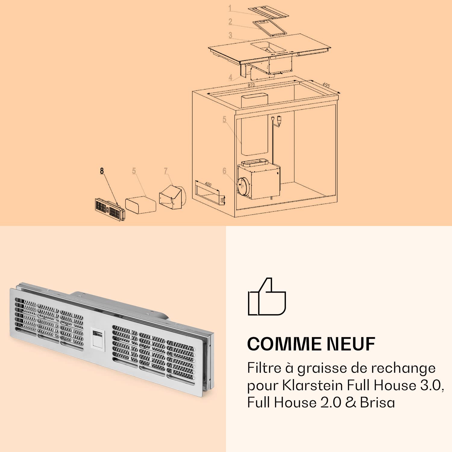Klartstein Hotte Ilot Central Cuisine avec Plaque Cuisson 2 en 1, Filtre à Graisse de Remplacement pour Hotte 4 Zones, Débit d'Air de 654m³/h, pour Ilot, Aspirante avec Commande Tactile