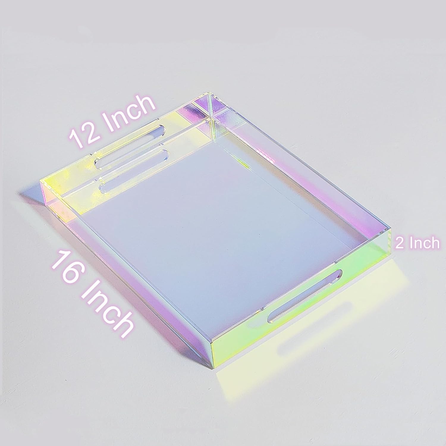 ROYALITA Iridescent Acrylic Serving Tray with Handles 16x12 Inch - Acrylic Tray Bathroom Perfume Tray Spill Proof, Decorative Tray for Ottoman Coffee Table Countertop, Wedding Decor, Office Desk