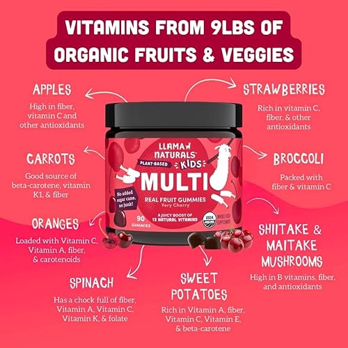 Miniatura 5 de Llama Naturals - Vitaminas en gomitas de fruta real para niños, sin caña de azúcar añadida, betacarotenos, multivitamínico de alimentos integrales,