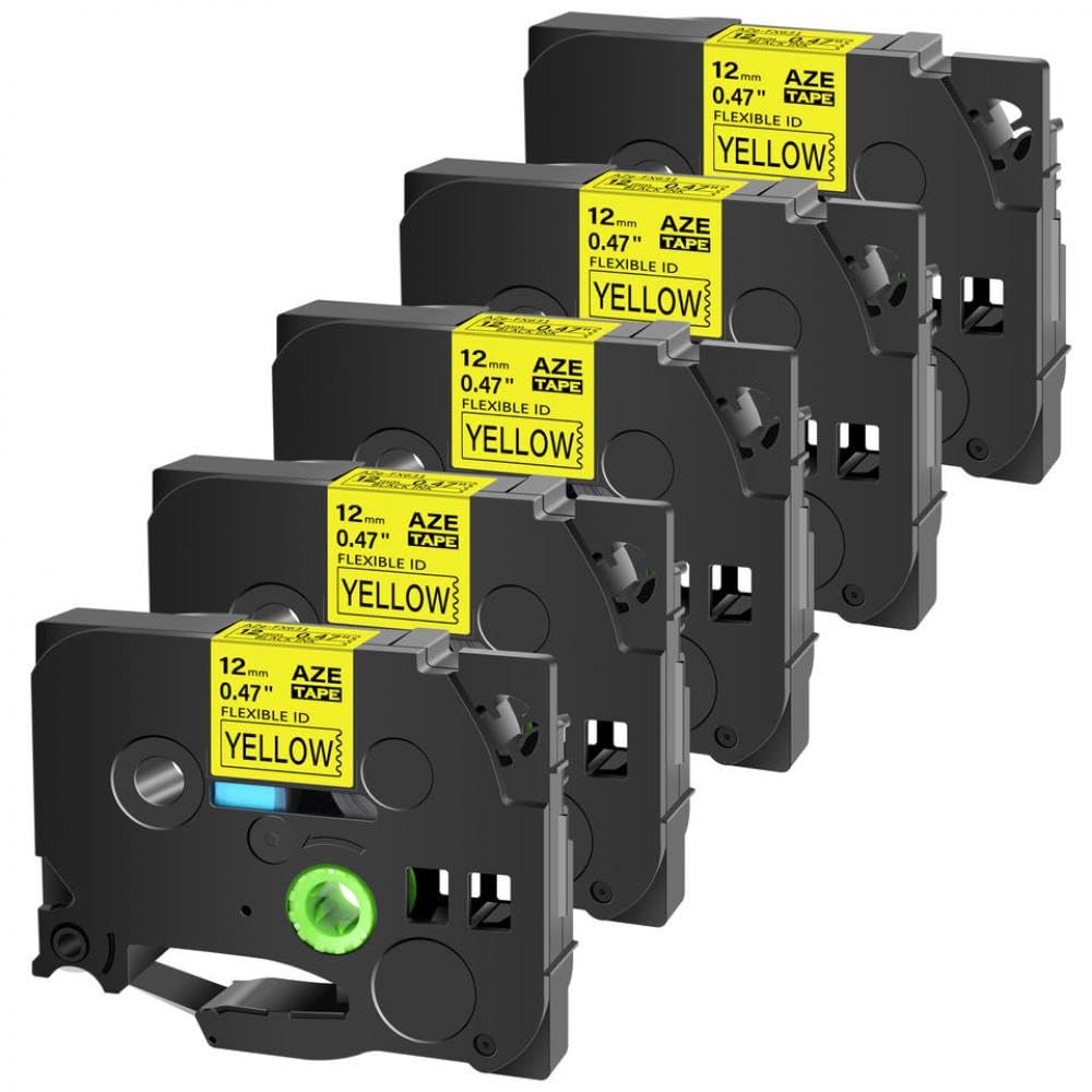 Confezione da 5 nastri ID flessibili 6mm 9mm 12mm 18mm 24mm compatibili con varie etichettatrici per nastro stampante(5PK Black on yellow)