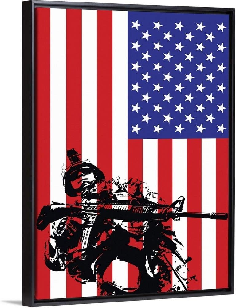 Illustration of U.S. Marine in Front of Black Float Frame Canvas Art, Artwork