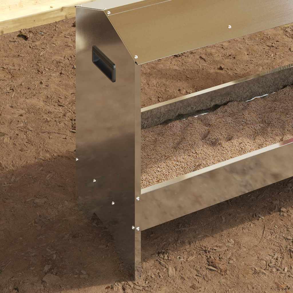 Rynna do karmy dla kur, ocynkowana stal, 81 x 32 x 53,5 cm, srebrny, dozownik karmy o pojemności 15 kg, odporny na warunki atmosferyczne, do użytku wewnątrz i na zewnątrz, łatwe czyszczenie