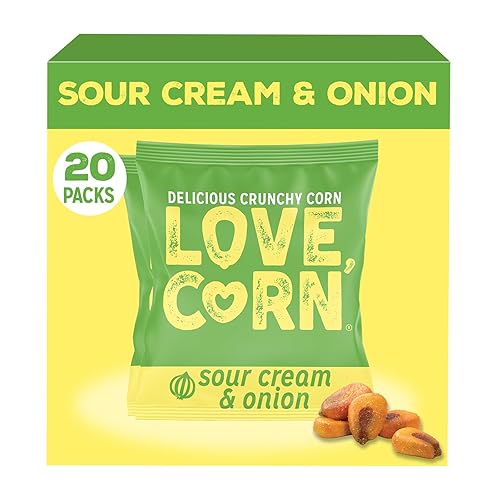 LOVE CORN Crema agria y cebolla de 0.7 onzas x 20 bolsas  Delicioso maíz crujiente  Snacks familiares saludables  Sin gluten, kosher, sin OGM