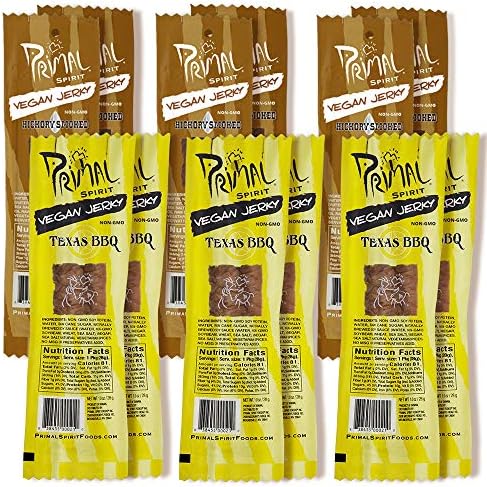 Primal Spirit Vegan Jerky - Soy Protein Energy Pack, 10 g. Plant Based Protein, Certified Non-GMO, No Preservatives, Sports Friendly Packaging The Classics Hickory Smoked and Texas BBQ...