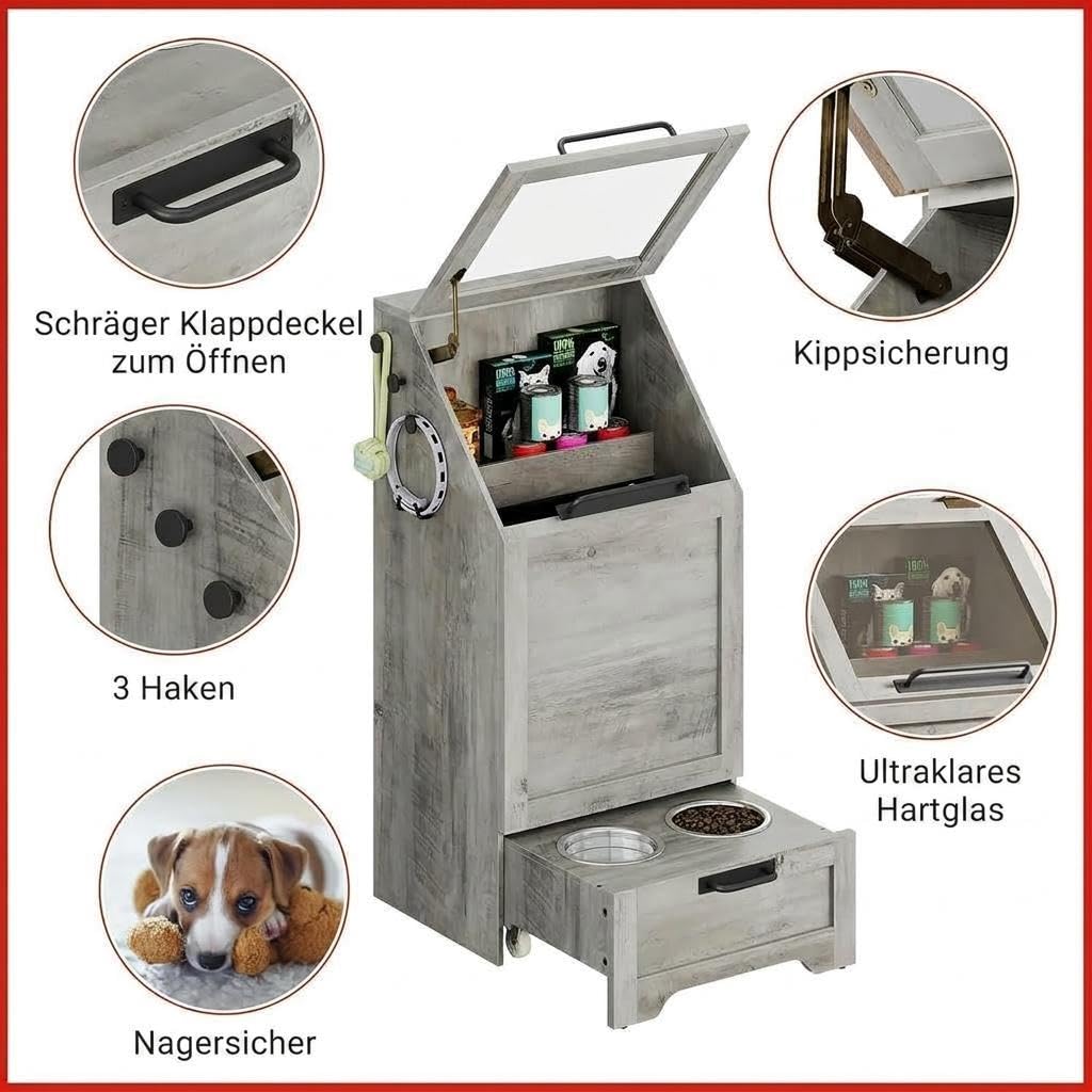 Hundefutterbox mit Klappdeckel - Futterschrank Hund mit Stauraum, Große Futteraufbewahrung für Hunde, Luftdichte Futterbox für Trockenfutter, Vorratsschrank Hundefutter weiß，90 x 43 x 35 cm