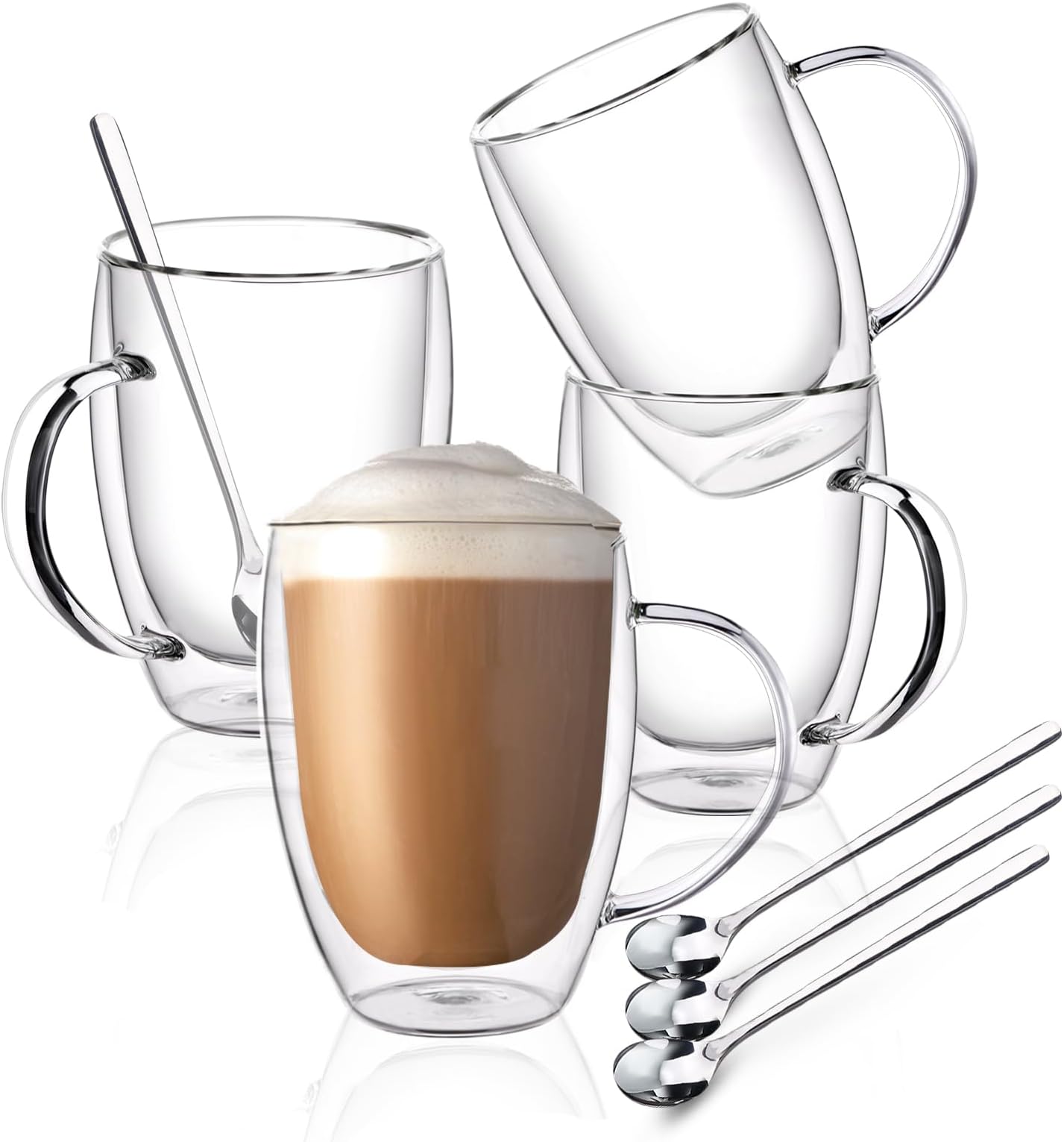 Double Wall Glass Coffee Mugs, Glass Coffee Mugs with Handle, Insulated Clear Coffee Mugs Set of 4, Perfect for Espresso, Cappuccino, Latte, Americano, Tea Bag, Beverage -12 Ounces