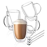 FULGNU Double Wall Glass Coffee Mugs, Glass Coffee Mugs with Handle, Insulated Clear Coffee Mugs Set of 4, Perfect for Espresso, Cappuccino, Latte, Americano, Tea Bag, Beverage -12 Ounces