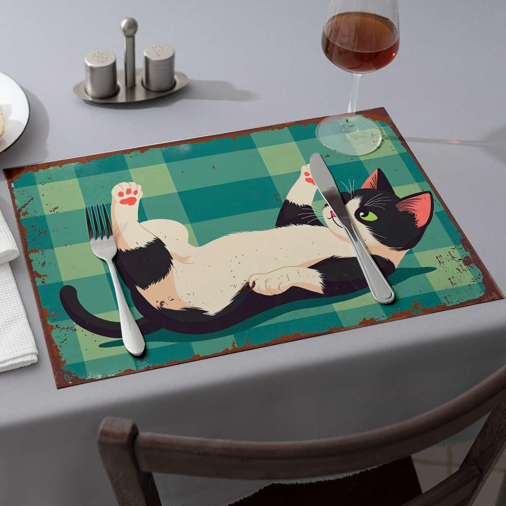 Nappe et 6 sets de table chat noir et blanc en silicone pour cuisine