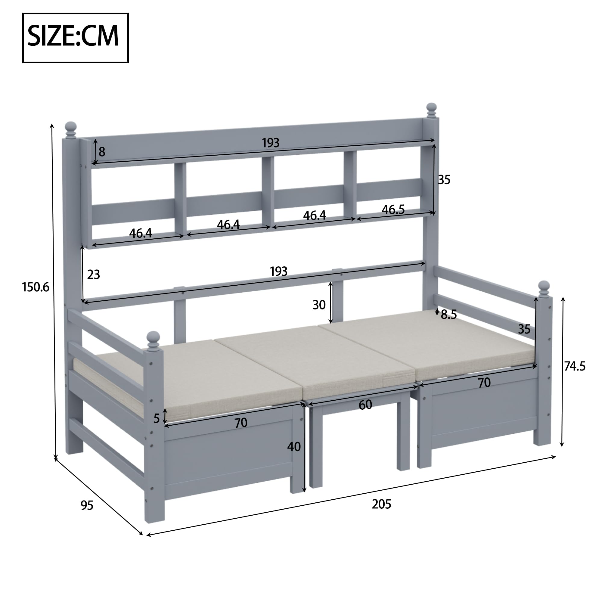 Multifunktionales Massivholz Schlafsofa 90x200, 2-in-1 Bett und Schreibtisch, Frei Umbaubar, Mit Bücherregal Zur Aufbewahrung, Mit Bequemen Kissen, Gästebett (Grau)