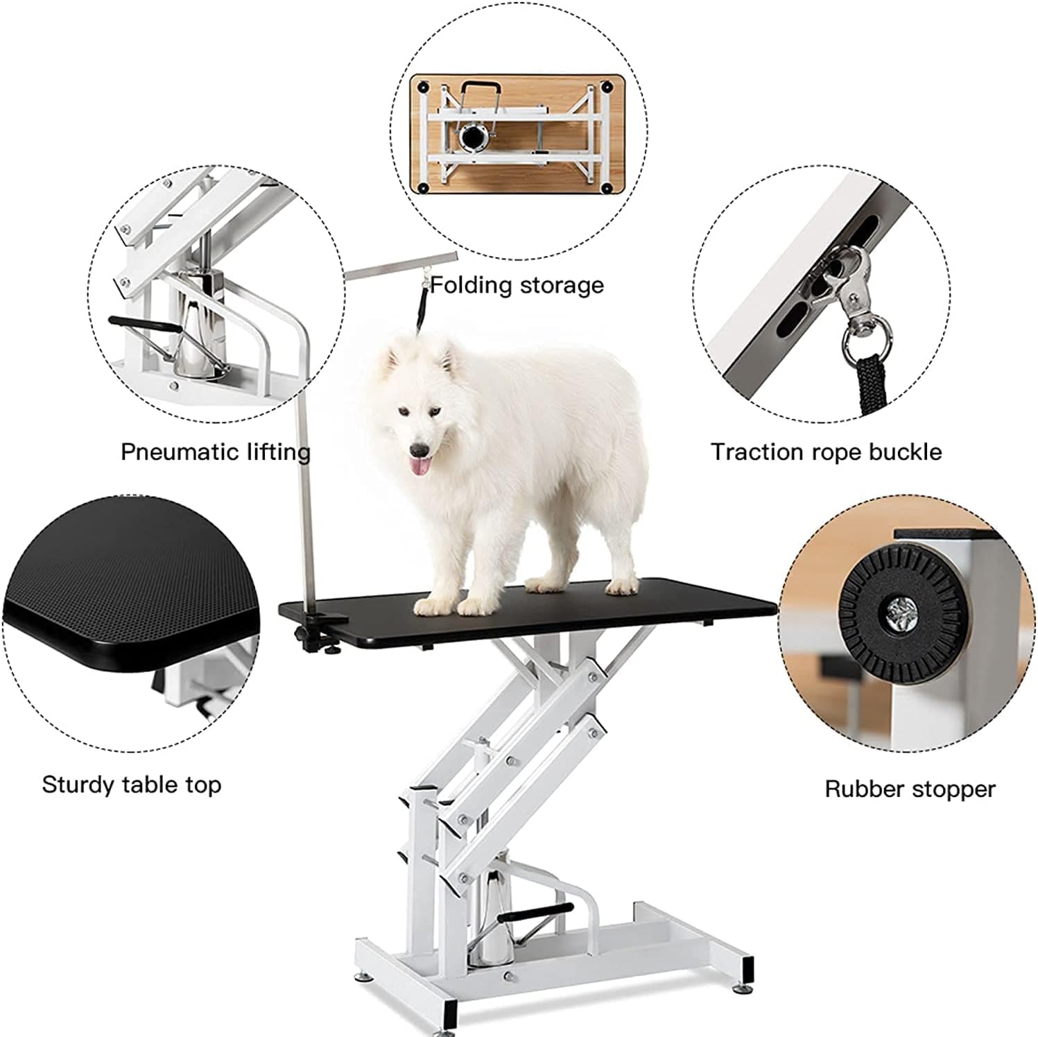 42.5 Inch Hydraulic Pet Dog Grooming Table Drying Table Heavy Duty Stainless Steel Frame with Adjustable Arm and Noose 330 lbs Capacity Height Range 21-36 Inch