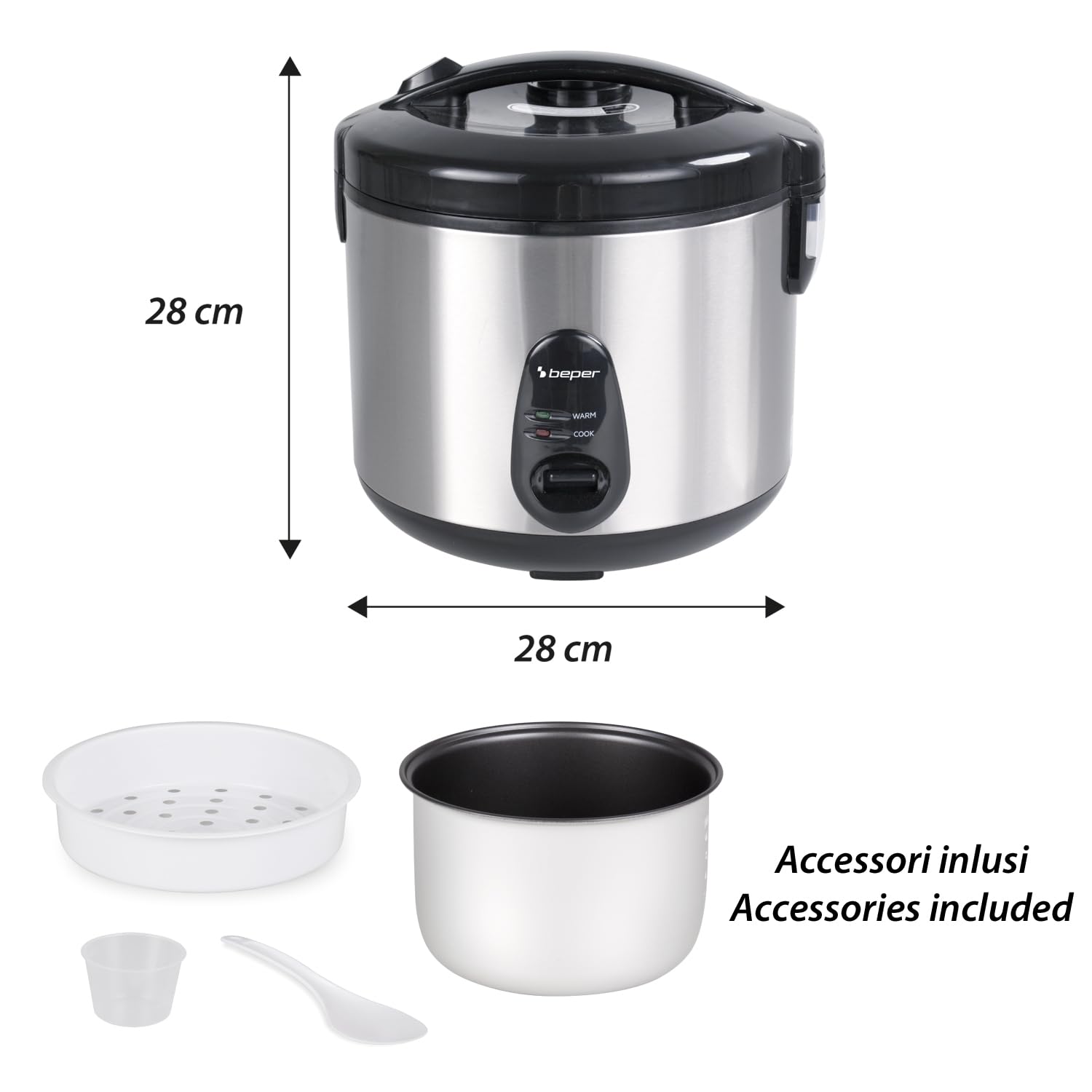 BEPER P101VAP020 Vaporé Max Cuociriso 1800g, Antiaderente, Funzione Mantieni Caldo, Cottura a Vapore, Acciaio Inox, Accessori Inclusi, BPA Free