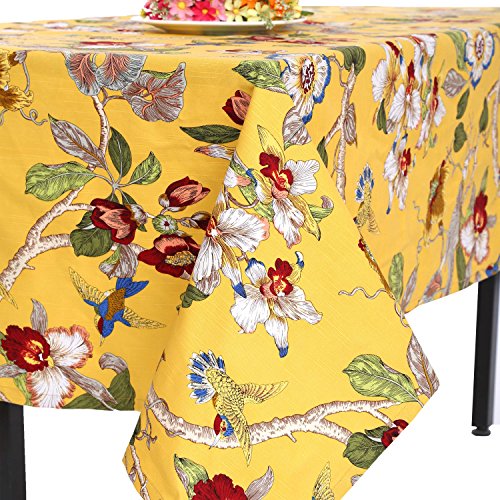 Unitendo Pastoral Countryside Style Linen Cotton Table Cloths/Table Cloth With Delicate Blooming Floral And Lively Birds Design,Yellow,55"X86". #TOP1