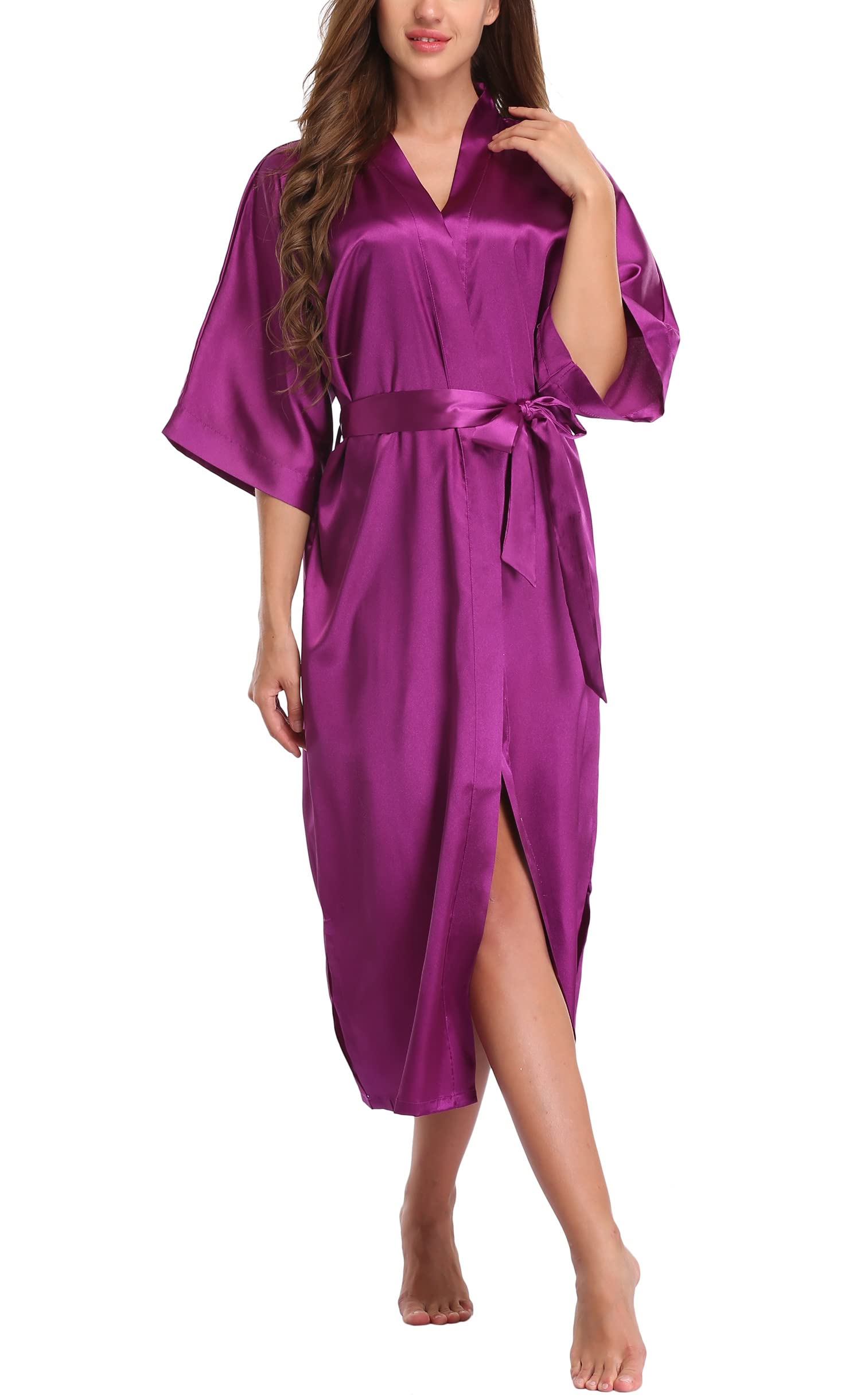 Women Kimono Robe Lightweight Silk Robe for Women Satin Bathrobe Soft Nightwear Comfy Nightgown Bride Bridesmaid Purple Small