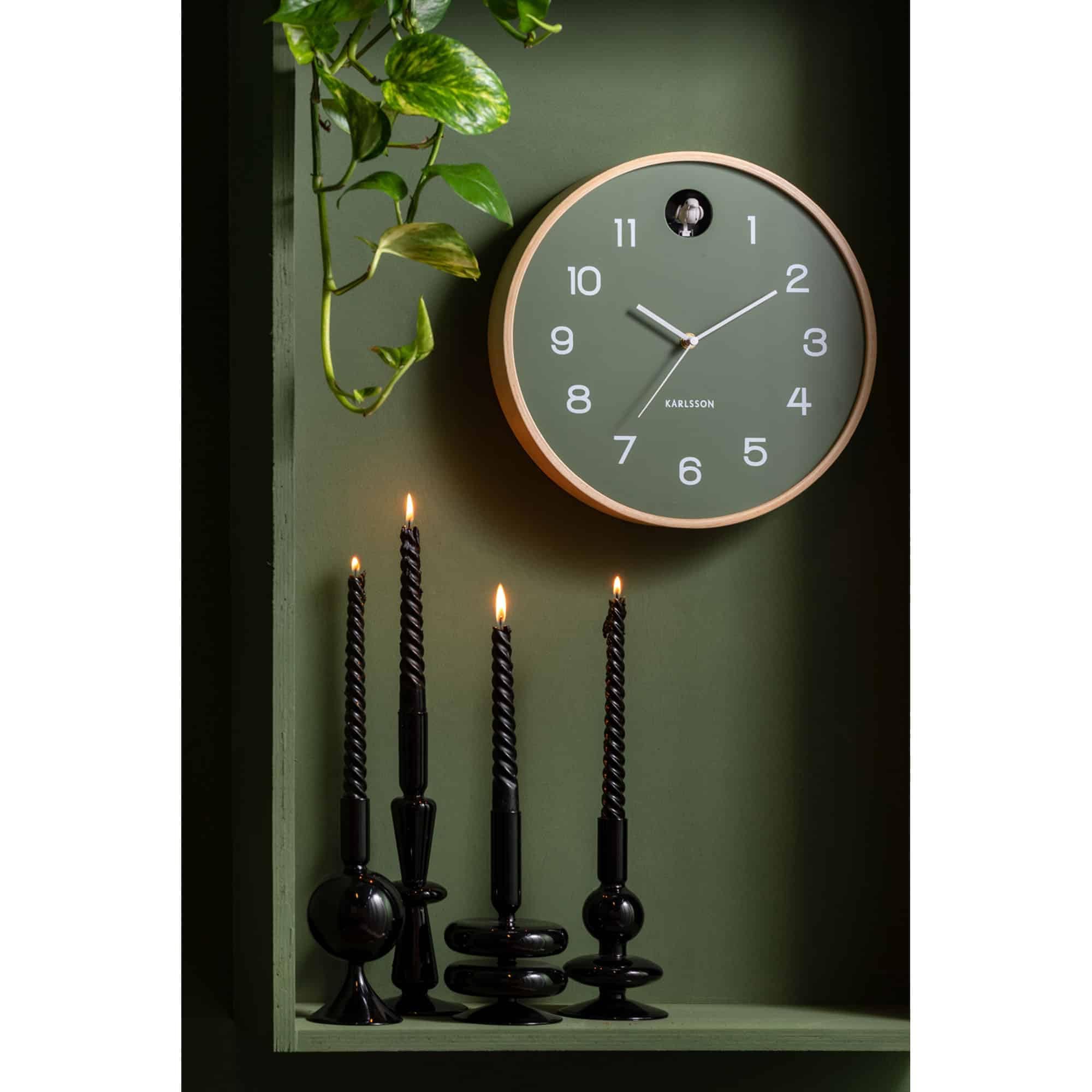 Wall Clock Natural Cuckoo Birch Wood Jungle Green | Rond - Bois de bouleau - Horloges pour Salon - Bureau - Chambre à coucher