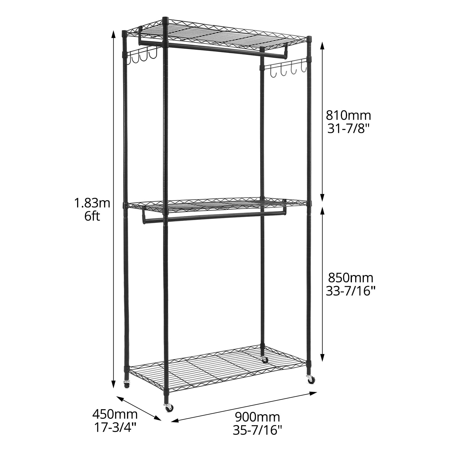 QWORK® Perchero resistente de doble barra con estantes ajustables, ruedas bloqueables y ganchos, 90 x 43.5 x 180 cm
