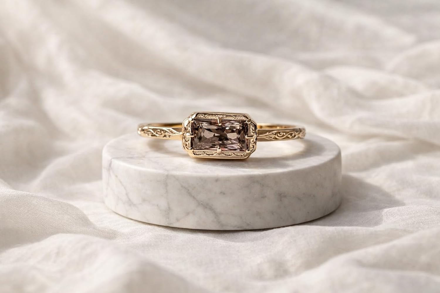 Vintage Emerald Cut Smoky Quartz Ring in 14K Gold with Engraved Band Engagement Ring Promise Ring for Women By REDWINE JEWELLS