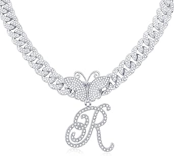 RLMOON Silver Cursive Initial Pendant Necklace Butterfly Iced Out Miami Cuban Link Chain for Women Diamond Initial Choker Necklace Alphabet A-Z Hip Hop Necklace Rapper Jewelry