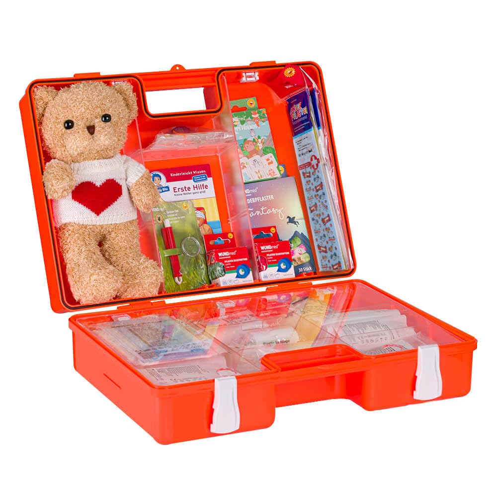 Erste-Hilfe-Koffer DUO Kinder + Erwachsene, orange, 43 x 15 x 33,5 cm, gefüllt aus Kunststoff, Art.-Nr. 609629 | Verbandskasten | Notfallkoffer | Erste Hilfe Kasten