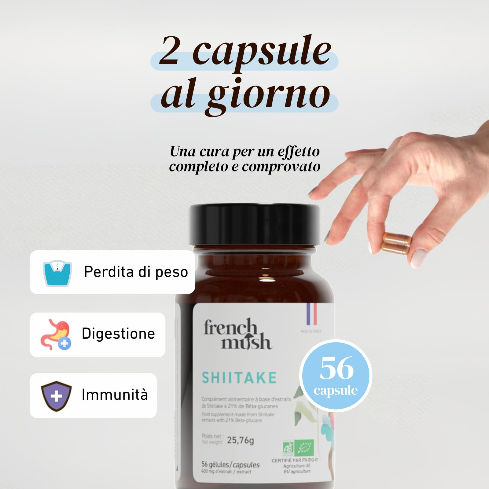 French Mush Shiitake Bio – 56 Capsule Vegane – Immunità, Digestione e Benessere Generale – Estratto Concentrato di Shiitake (Lentinula edodes) – 2 Capsule/Giorno – 100% Bio e Prodotto in Francia