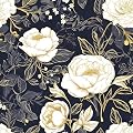 Vintage White Gold Floral Wallpaper Peel and Stick Dark Blue Leaf Contact Paper 17.5" x 393.7" Vinyl Waterproof Self Adhesive Boho Botanical Wall Mural for Cabinet Drawer Walls Room(Navy,White,Gold)