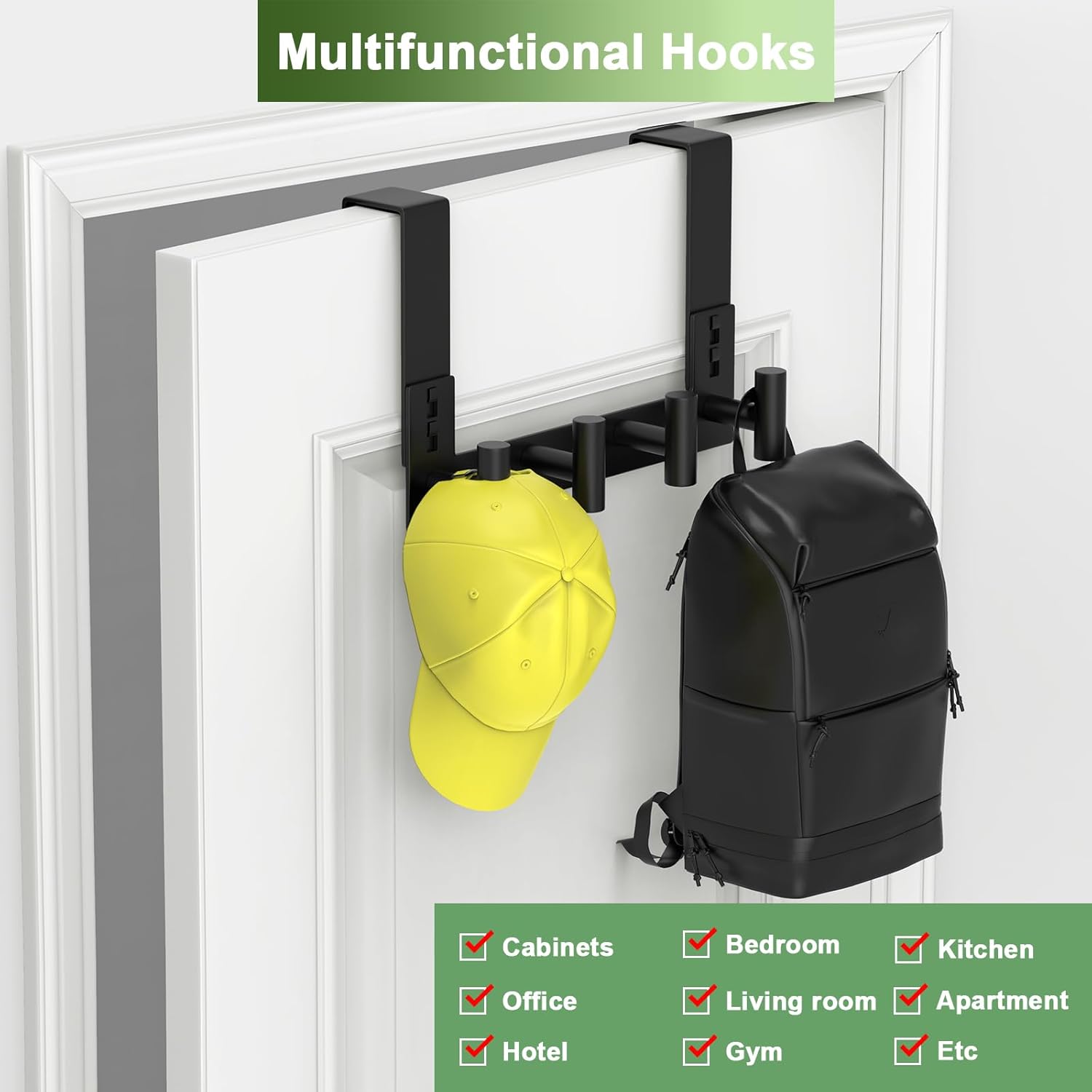 Stainless Steel Over Door Hooks, Over Door Hanger Holder for Robe Cloths, Heavy Duty Towel Hooks, Coat Rack, Doors Organizer for Bathroom, Bedroom, Locker Room & Closet (1 Pack, Black-4 Hooks)
