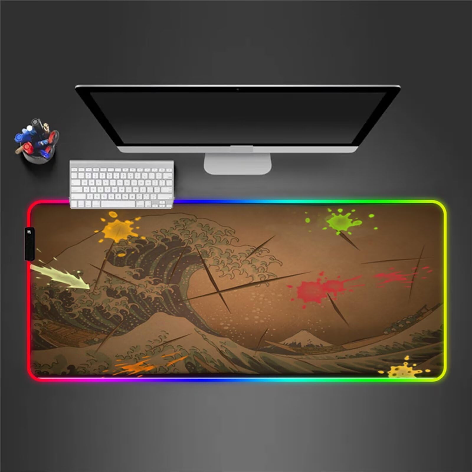 Alfombrilla de Ratón RGB 900x400x4mm XXL Grande Alfombrilla de ratón para Juegos LED 14 Efectos de Iluminación Alfombrilla Ratón Gaming para Gamers PC y Portátil, Las Olas del Mar