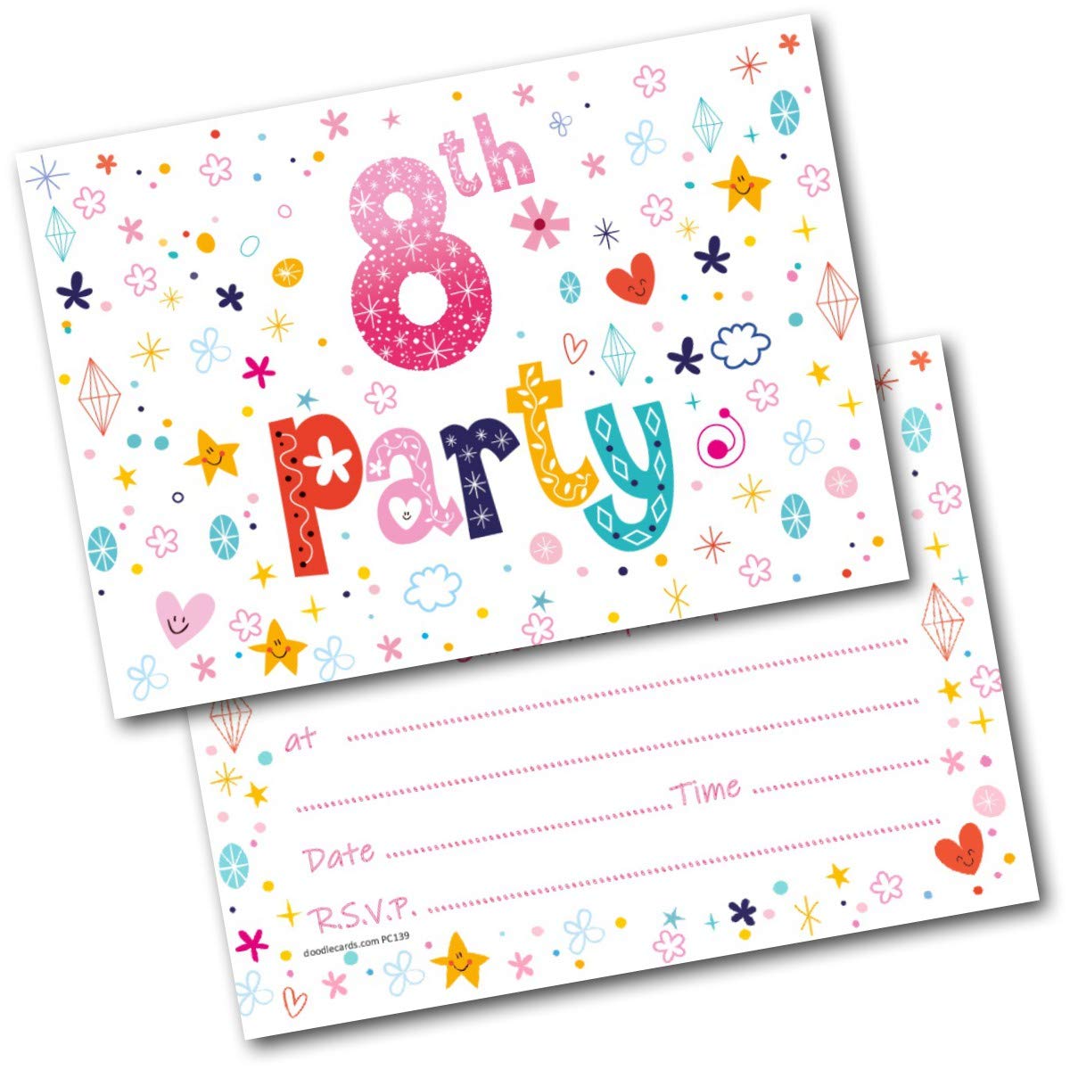 doodlecards 8th Birthday Party Invitations Age 8 Female Girls Childrens Pack of 20 Invites and Envelopes. Printed in UK, Premium Quality & 100% Recyclable.
