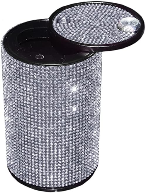 Diamond Car Ashtray Hot-drilling Ash Tray for Car, Bling Diamond Cigarette Holder with Lid for Women Car Home Office Decor, White Diamond