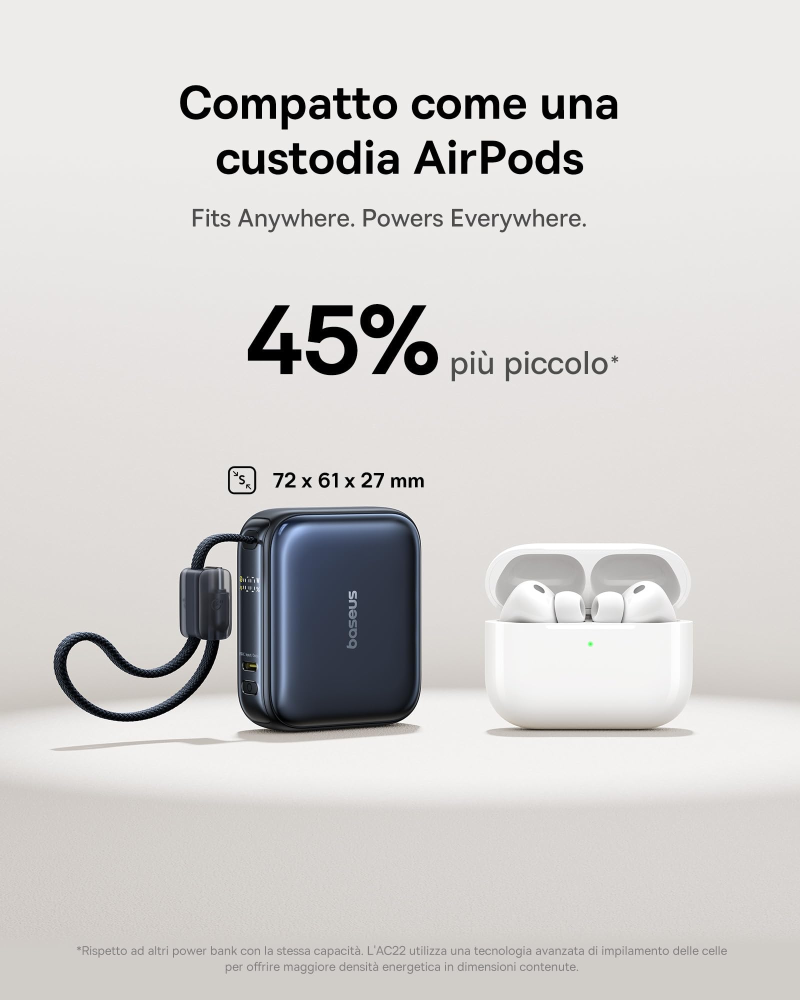 Baseus AC22 Mini Powerbank 10000mAh, PD 45W Power Bank Portatile con Cavo USB-C integrato, Batteria Esterna Ricarica Rapida per iPhone 17/16/15, Samsung S26/S25 Ultra, iPad, Pixel 10/9