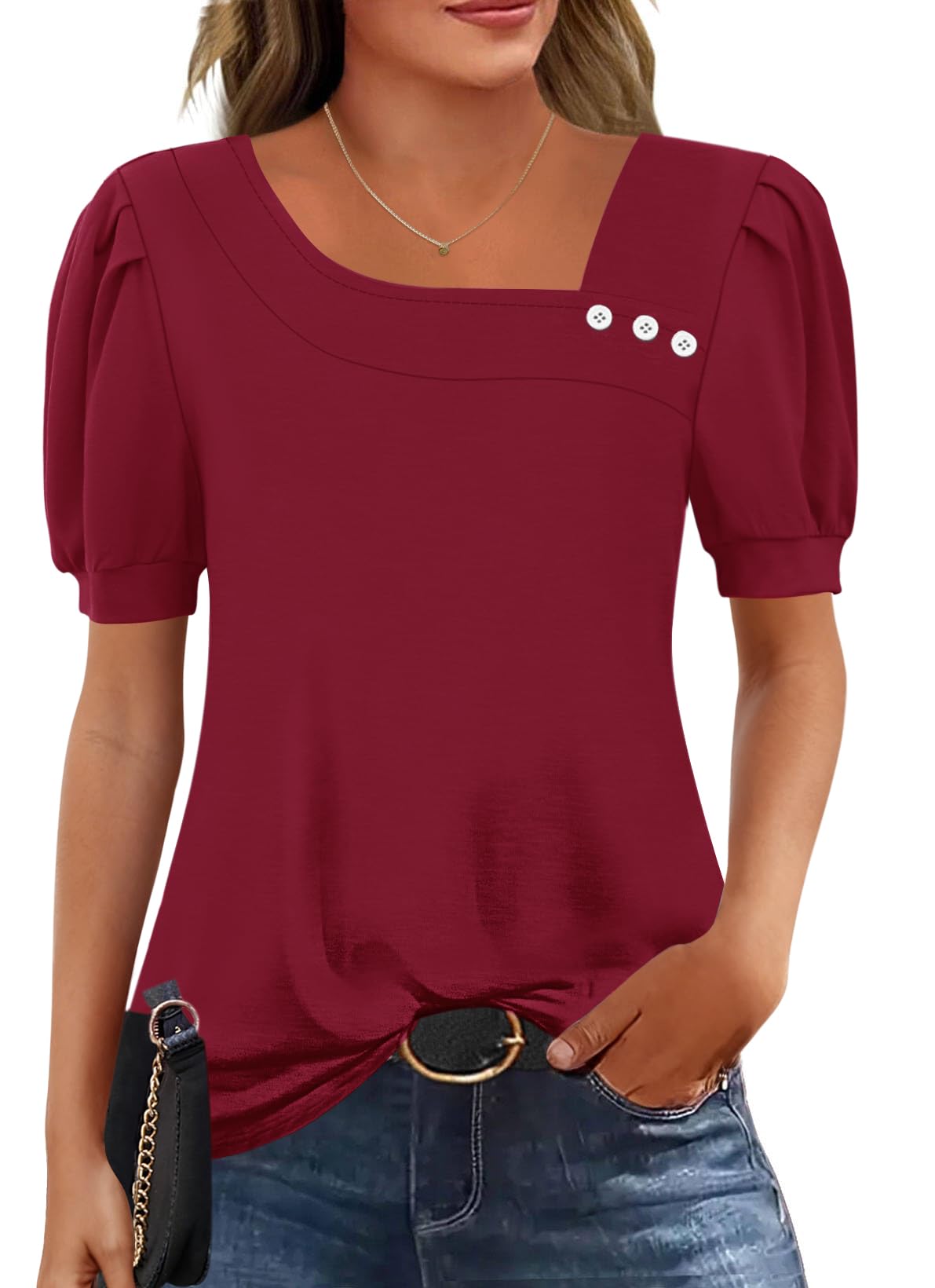 Rapbin Bluse Damen Kurzarm Oberteile Elegant Asymmetrischem Ausschnitt T-Shirt Sommer Button Blusenshirt Casual Top from S to XXL
