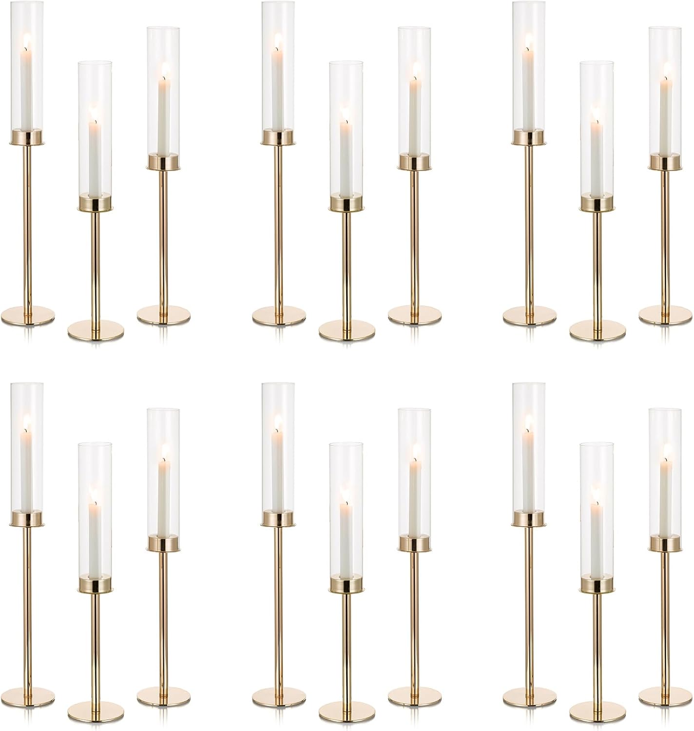NUPTIO Candle Holders for Table Centerpiece: 18 Pcs 23.6 & 21.7 & 19.7 in Tall Gold Hurricane Candlesticks Holder with Glass Cylinder Cover Bulk Taper Candles Sticks Stand for Thanksgiving Party Decor