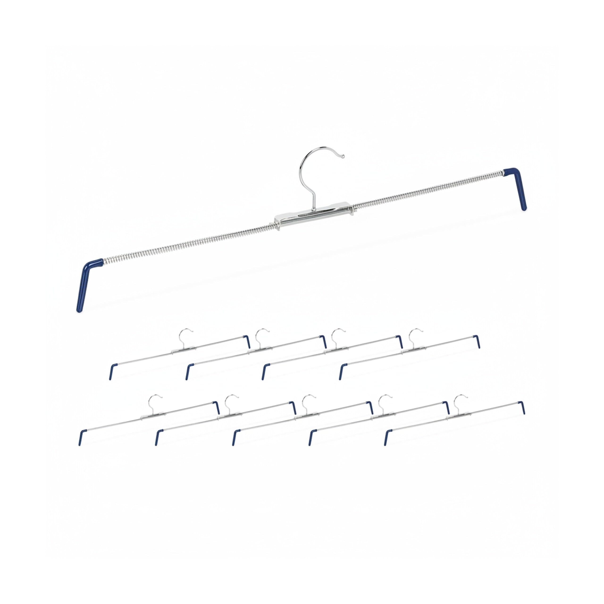 Pack de 50 Perchas Pantalones Extensibles, Faldas, Antideslizantes, 30-50 cm Ancho, Metal-PVC, Plateado-Azul
