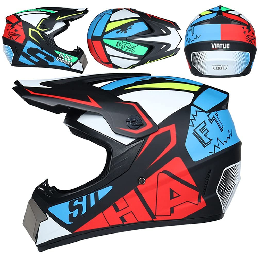 Gioventù Bambini Casco da Motocross, con Occhiali Guanti Maschera, Doppio Sport Integrale Fuori Strada Moto Incidente Casco, Discesa BMX MTB ATV Enduro Corse Quad Bici da Cross Casco